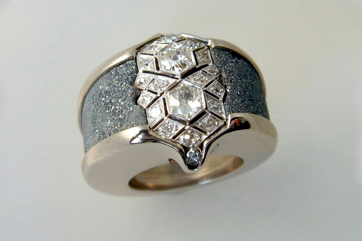  Philippe Pfeiffer re-designed bespoke antique diamond ring in hematite and white gold