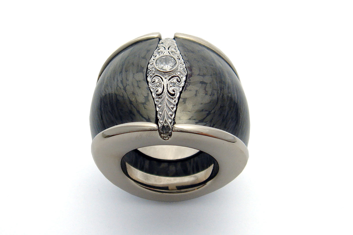  Philippe Pfeiffer re-designed bespoke antique diamond ring in carbon fibre and white gold