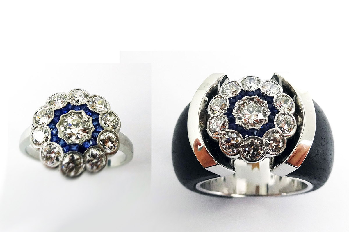 Philippe Pfeiffer re-designed bespoke antique diamond and sapphire ring in jet and white gold