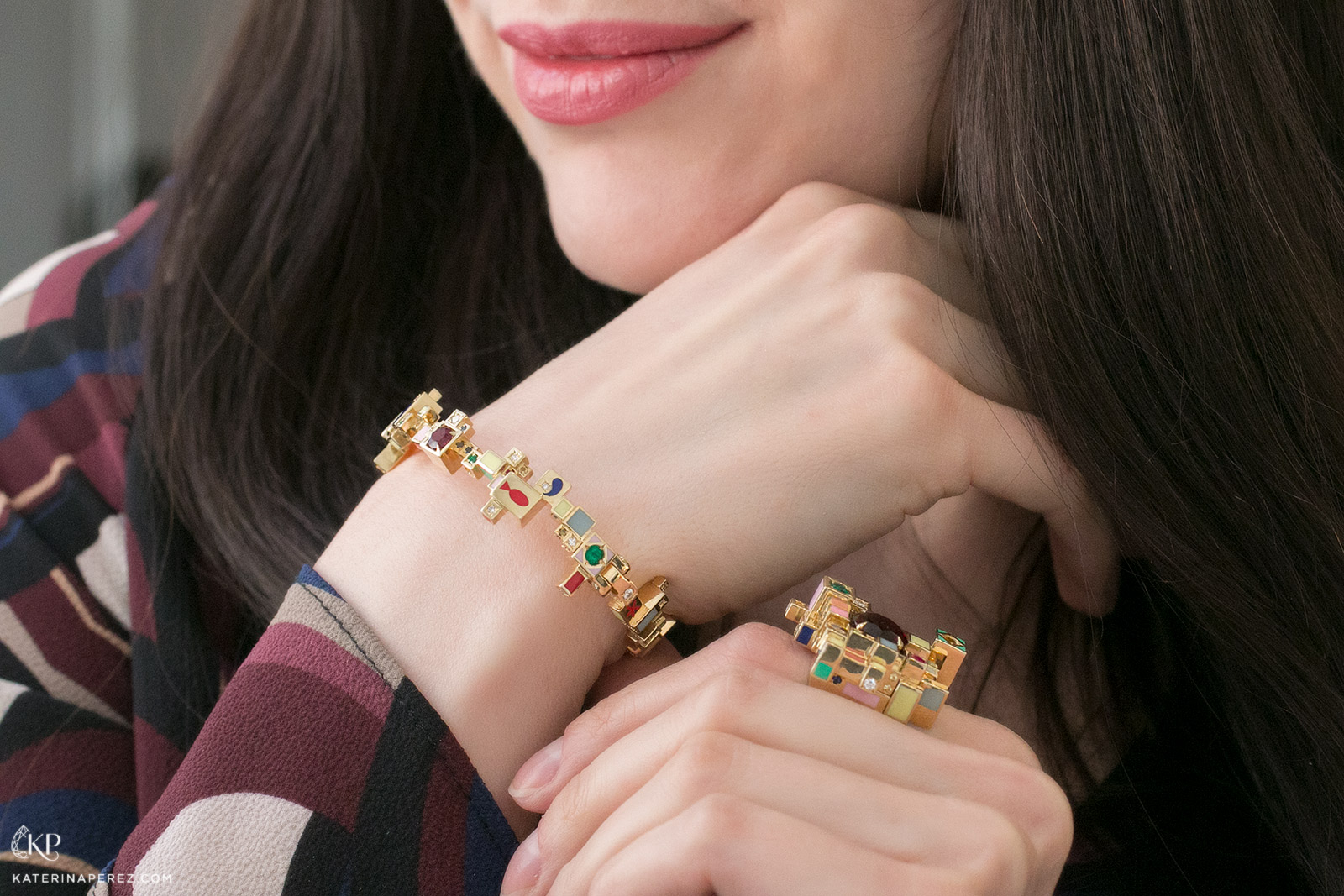  Aisha Baker 'Alcazar' bangle and ring in gemstones, enamel and yellow gold