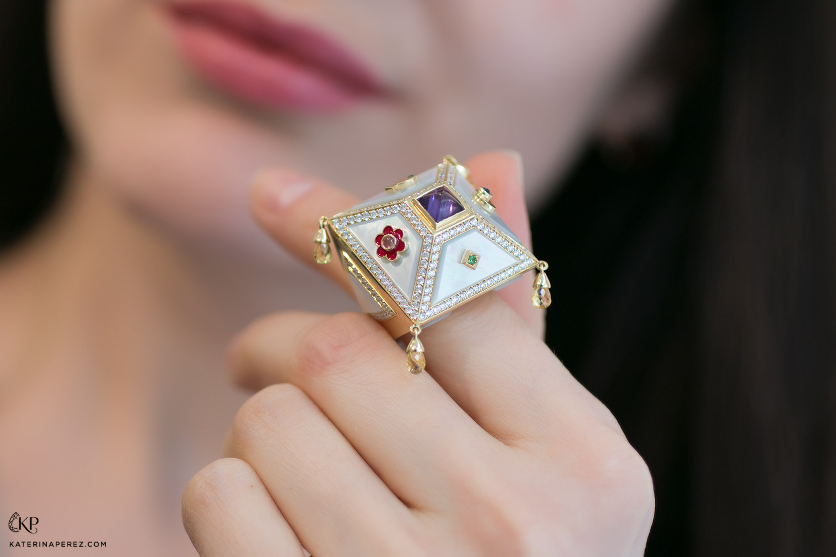  Aisha Baker 'Saga' ring in amethyst, sapphire, diamonds, citrine briolettes, rubies, emeralds, mother of pearl and yellow gold