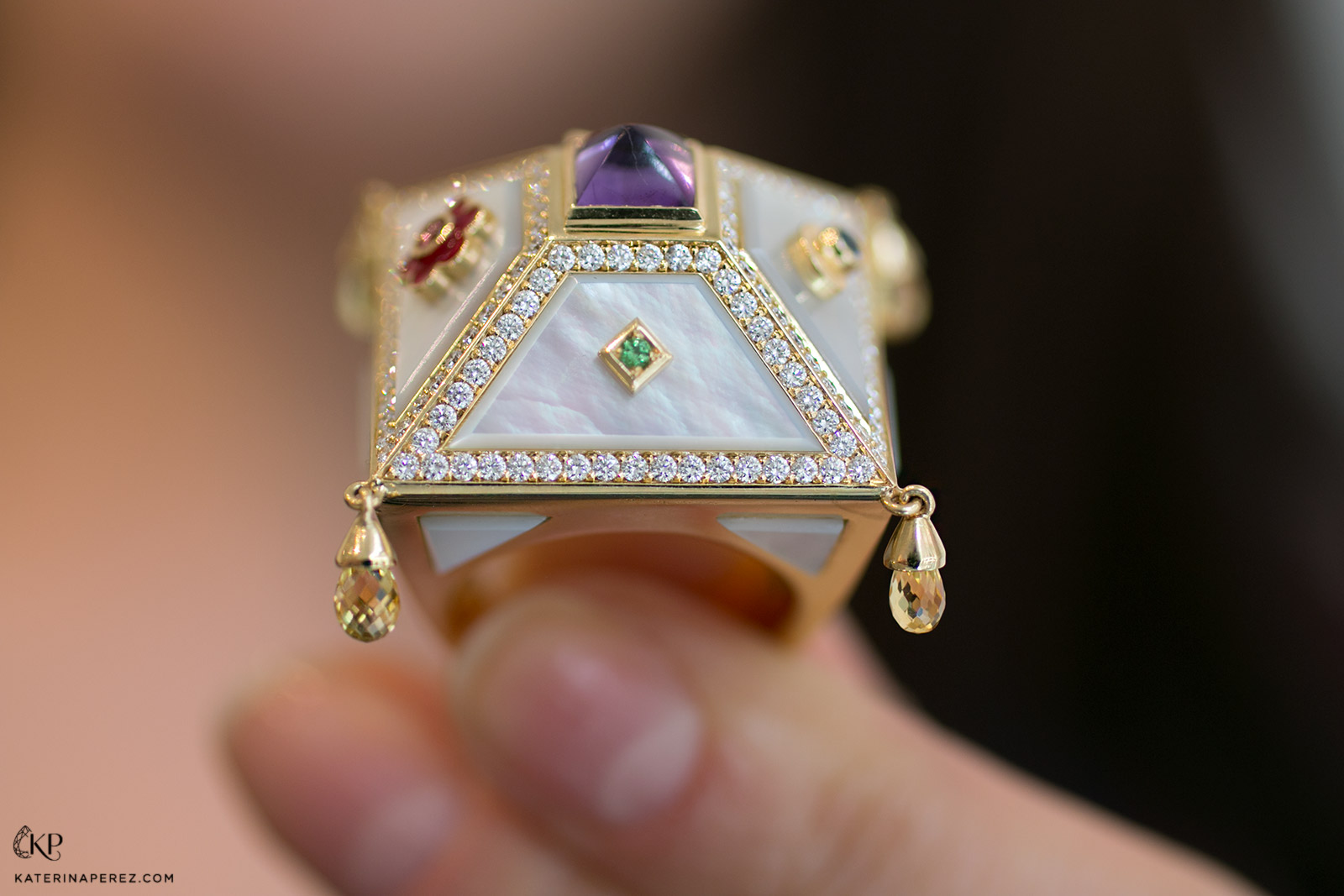  Aisha Baker 'Saga' ring in amethyst, sapphire, diamonds, citrine briolettes, rubies, emeralds, mother of pearl and yellow gold