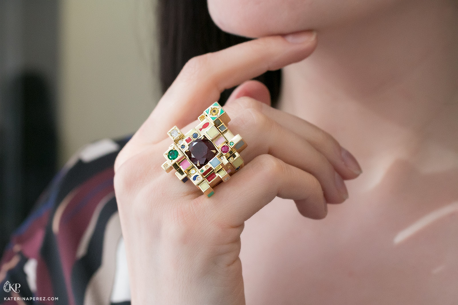  Aisha Baker 'Alcazar' ring in rubellite, ruby, emerald, diamond, sapphire, enamel and yellow gold