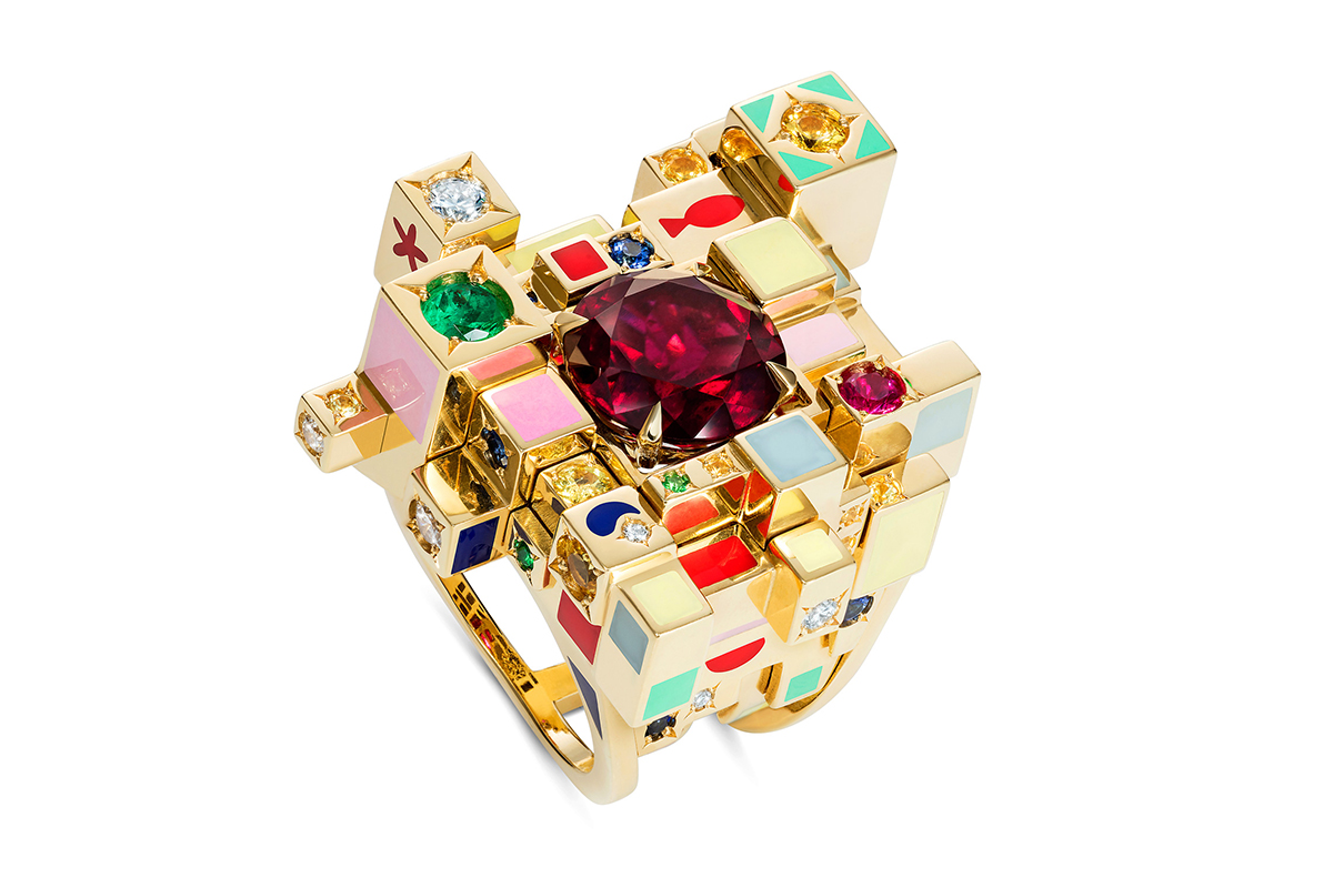  Aisha Baker 'Alcazar' ring in rubellite, ruby, emerald, diamond, sapphire, enamel and yellow gold