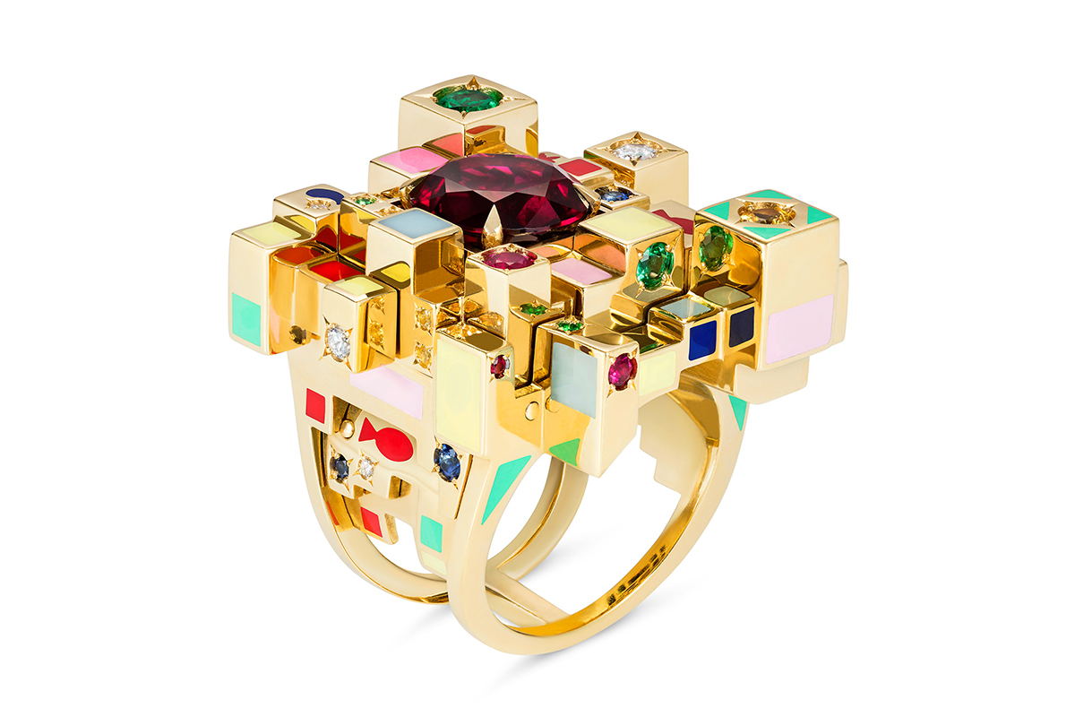  Aisha Baker 'Alcazar' ring in rubellite, ruby, emerald, diamond, sapphire, enamel and yellow gold