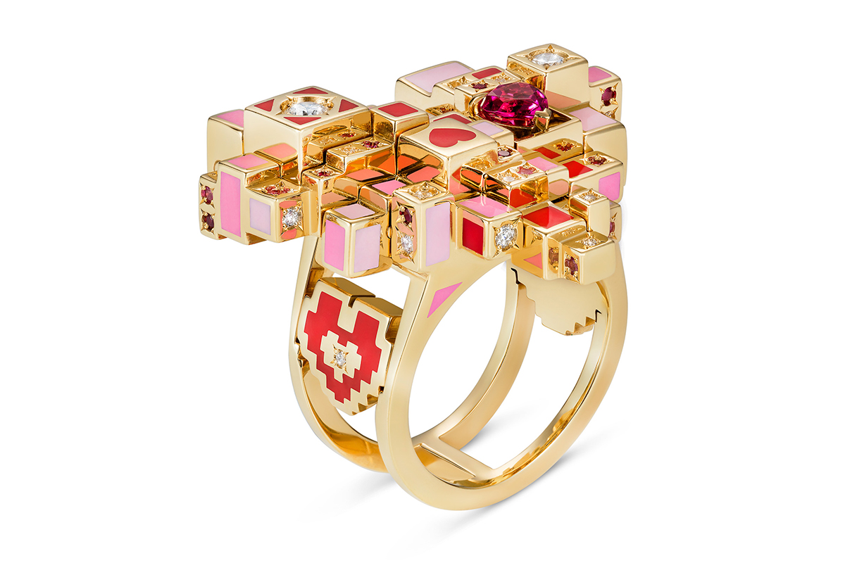 Aisha Baker 'Ever After' ring in diamonds, rubellite, pink sapphires, enamel and yellow gold