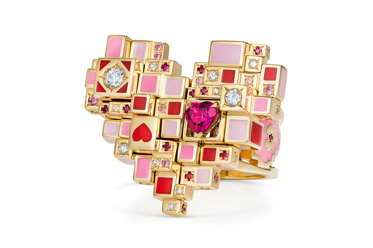  Aisha Baker 'Ever After' ring in diamonds, rubellite, pink sapphires, enamel and yellow gold