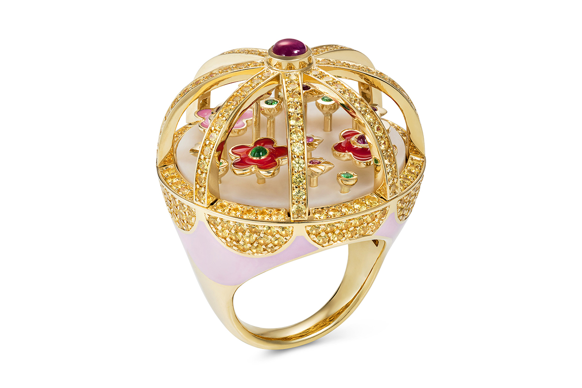  Aisha Baker 'Wild' ring in diamonds, ruby, sapphire, emerald, mother of pearl, enamel and yellow gold