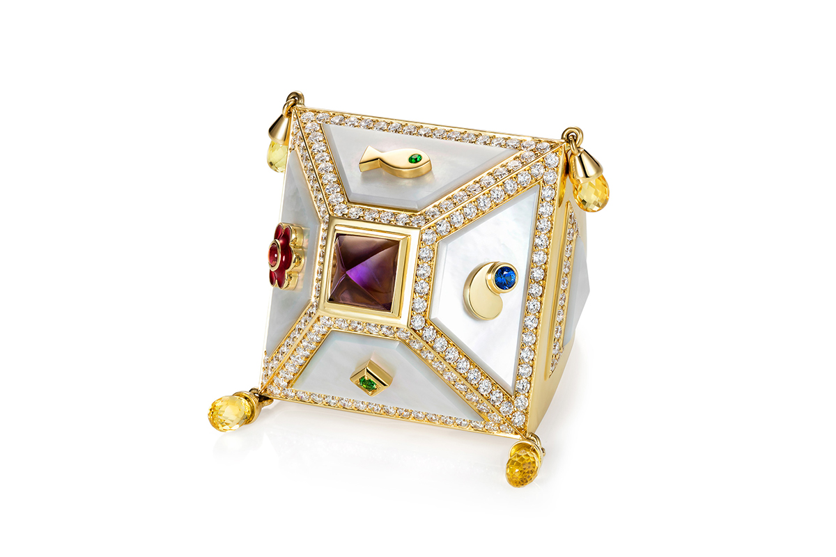  Aisha Baker 'Saga' ring in amethyst, sapphire, diamonds, citrine briolettes, rubies, emeralds, mother of pearl and yellow gold