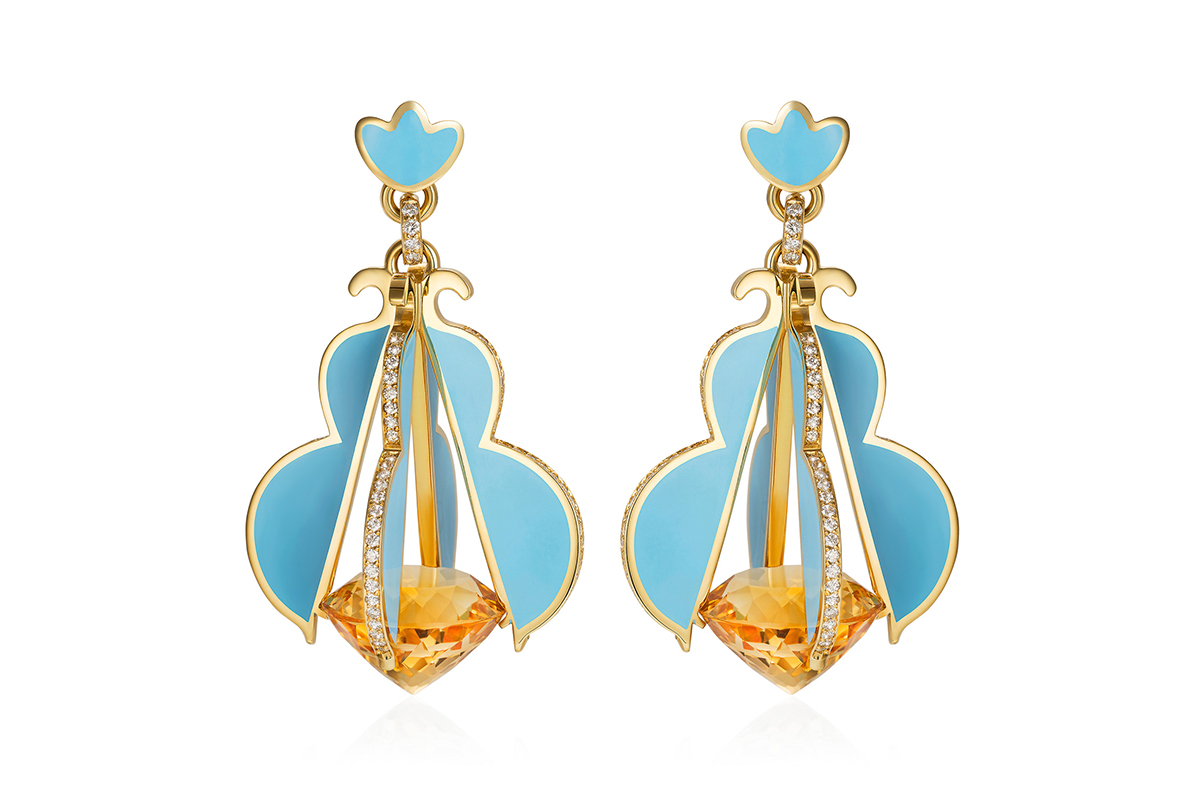  Aisha Baker 'Majesty' earrings in citrine, diamonds, enamel and yellow gold