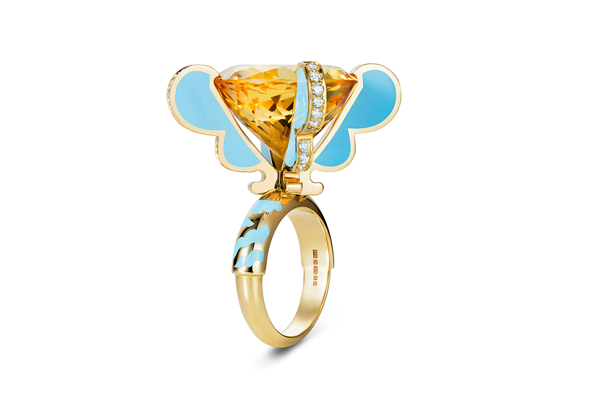  'Majesty' ring in citrine, diamonds, enamel and yellow gold