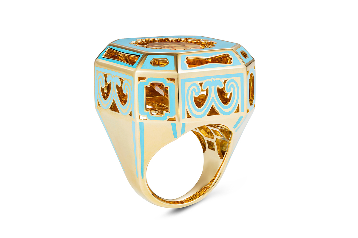  Aisha Baker 'Mystère' ring in citrine, enamel and yellow gold