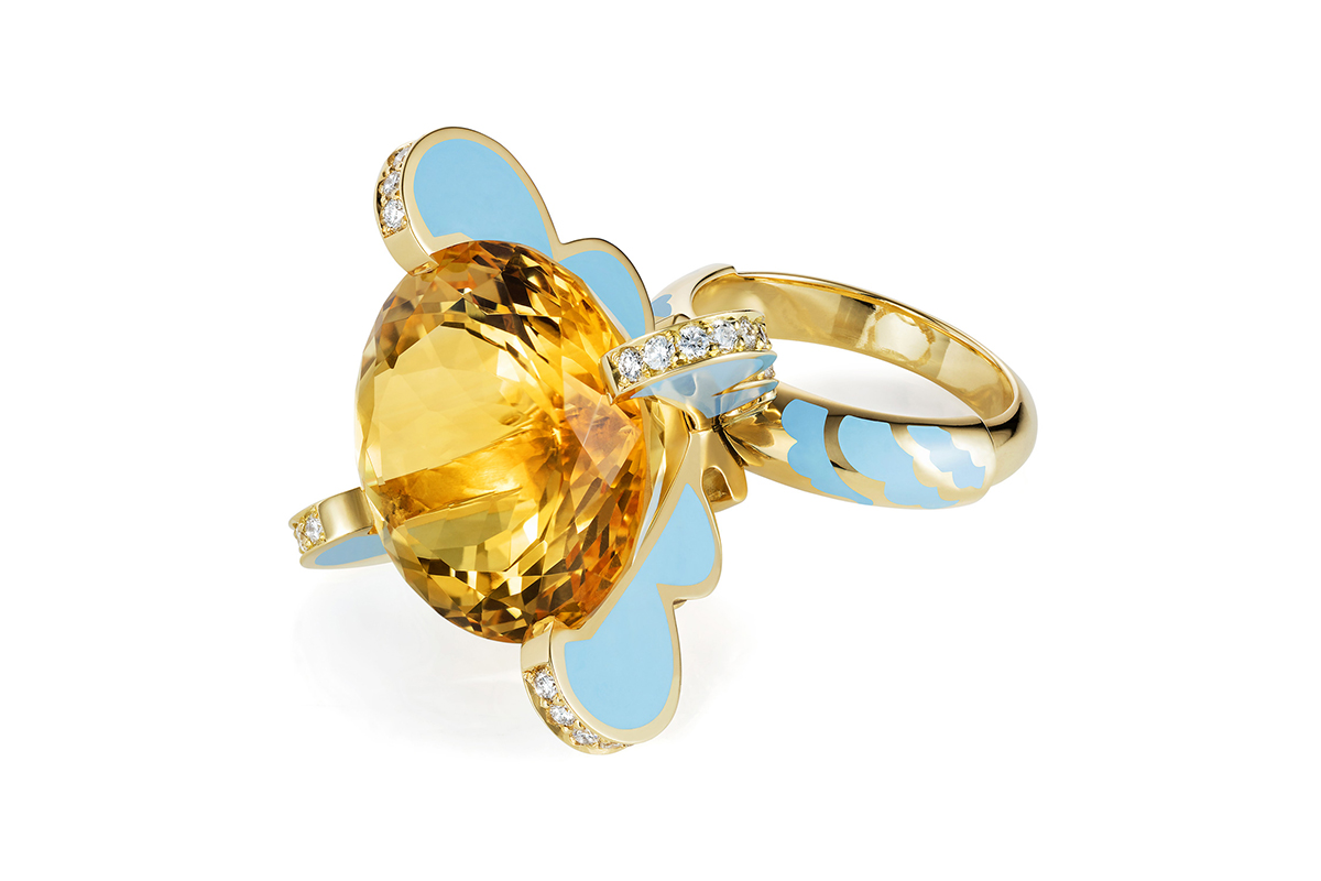  'Majesty' ring in citrine, diamonds, enamel and yellow gold