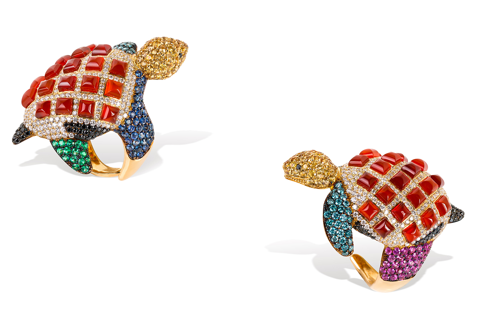  Rosior turtle ring with coral, diamonds, sapphires and emeralds