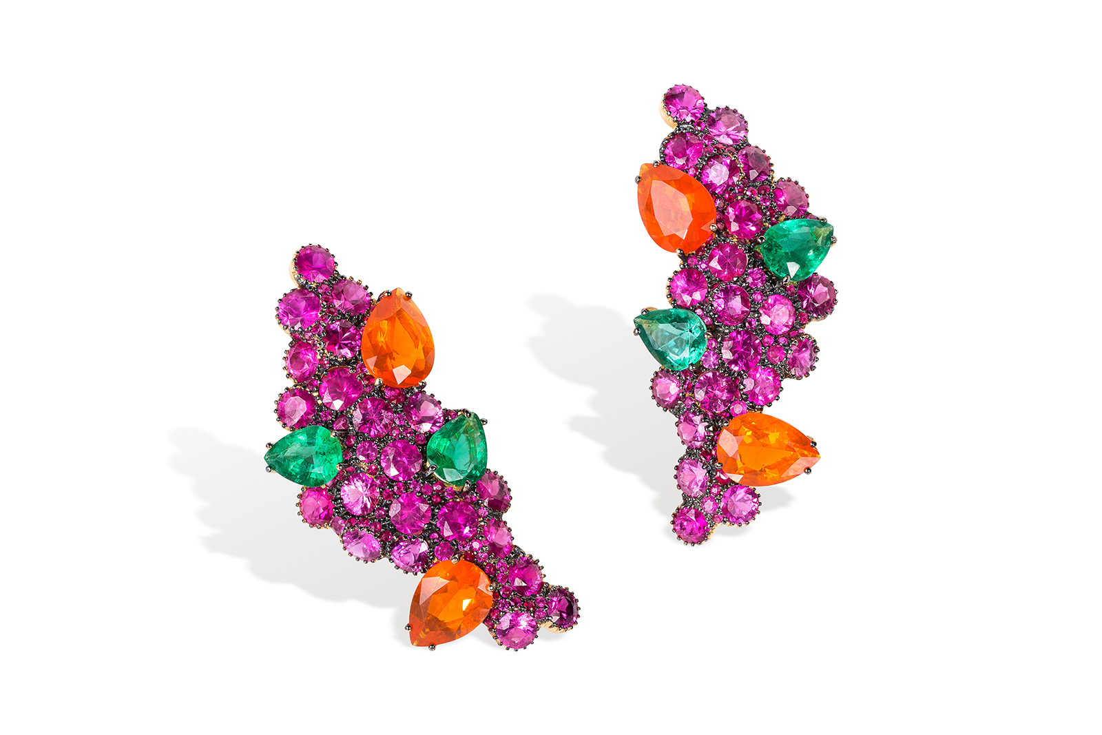  Rosior earrings with Burmese rubies, Mexican fire opals and Zambian emeralds