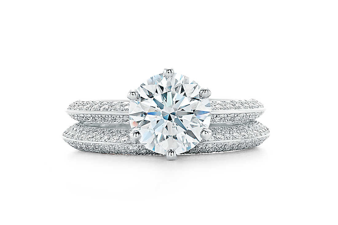  Tiffany & Co. diamond engagement ring and wedding band with pavé shank