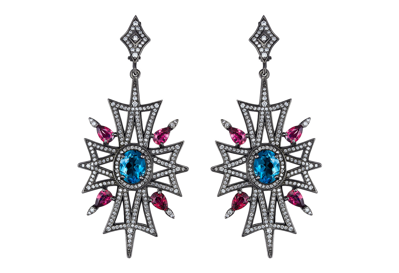 Liza Belotserkovskaya earrings with London topaz, tourmalines and diamonds