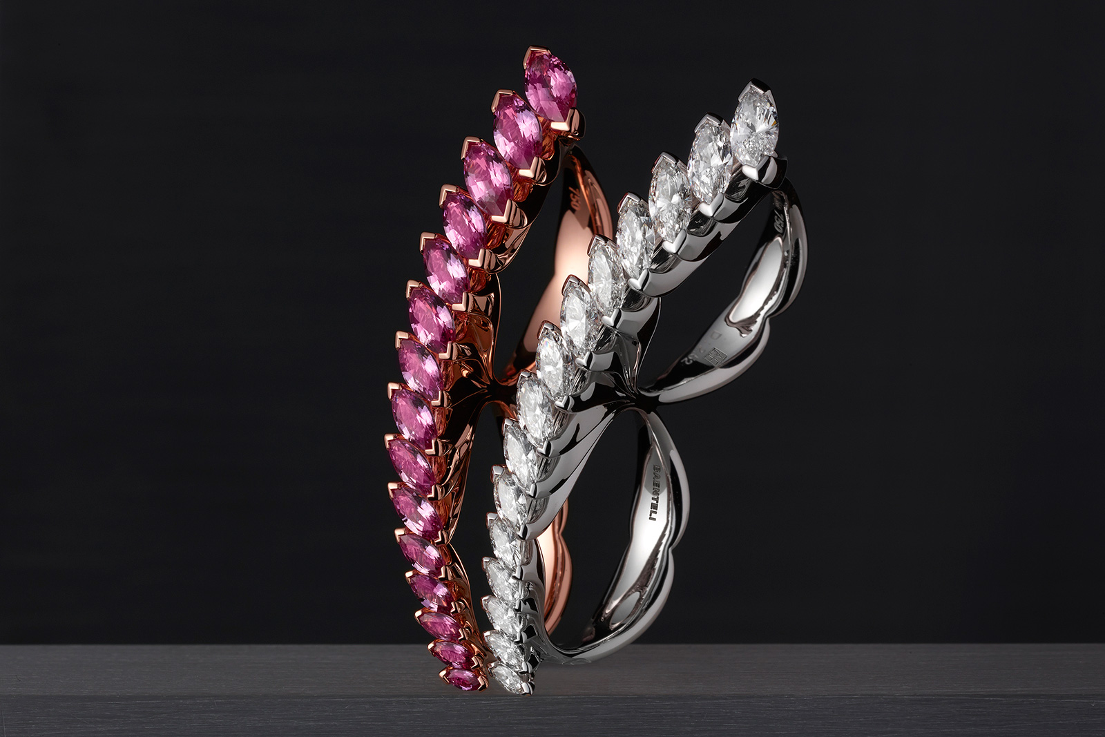  Baenteli 'Cascades' double finger rings in diamonds and pink sapphires