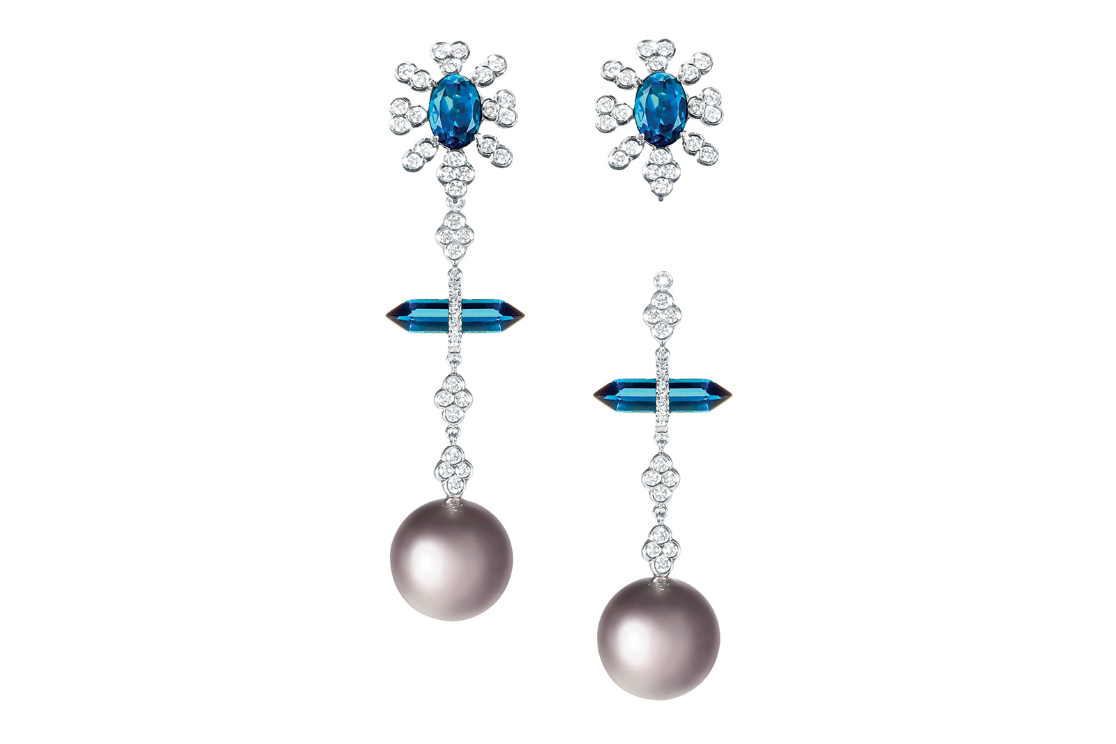  Nadine Aysoy 'Art Deco' earrings in topaz, tourmalines, diamonds and pearls