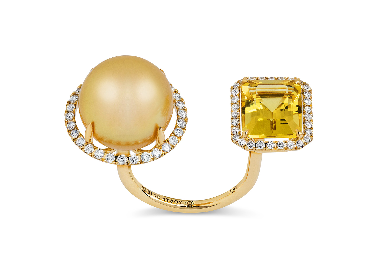  Nadine Aysoy 'Elle et Lui' ring in yellow beryl , diamonds and pearl