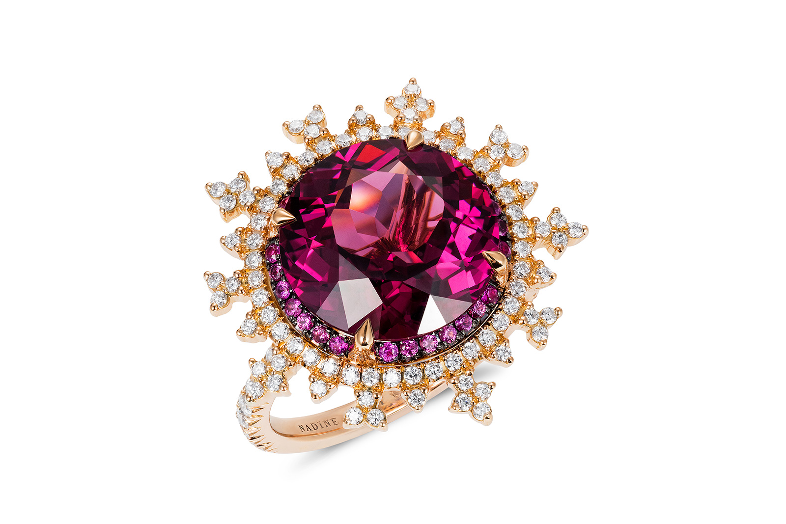 Nadine Aysoy 'Tsarina Fire Flake' ring in rhodolite, pink sapphires and diamonds
