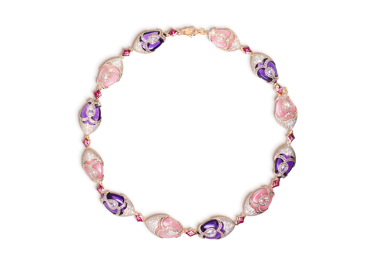 Panchoo necklace with amethysts, pink opals, rhodolites and diamonds