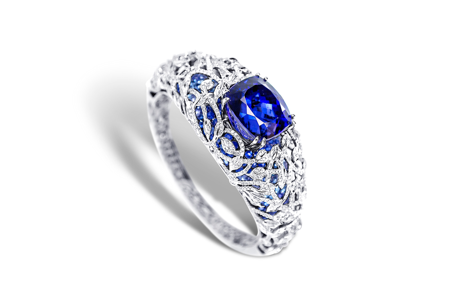  Panchoo bangle with tanzanites, sapphires, aquamarines, blue spinels, moonstones and diamonds