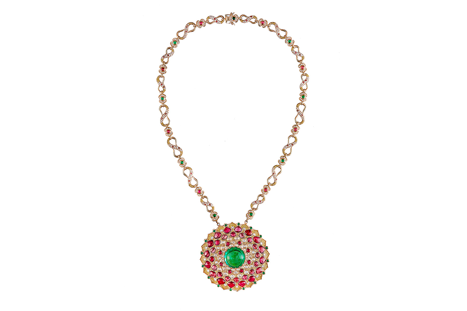  Panchoo necklace with emeralds, spinels, opals, yellow and colourless diamonds