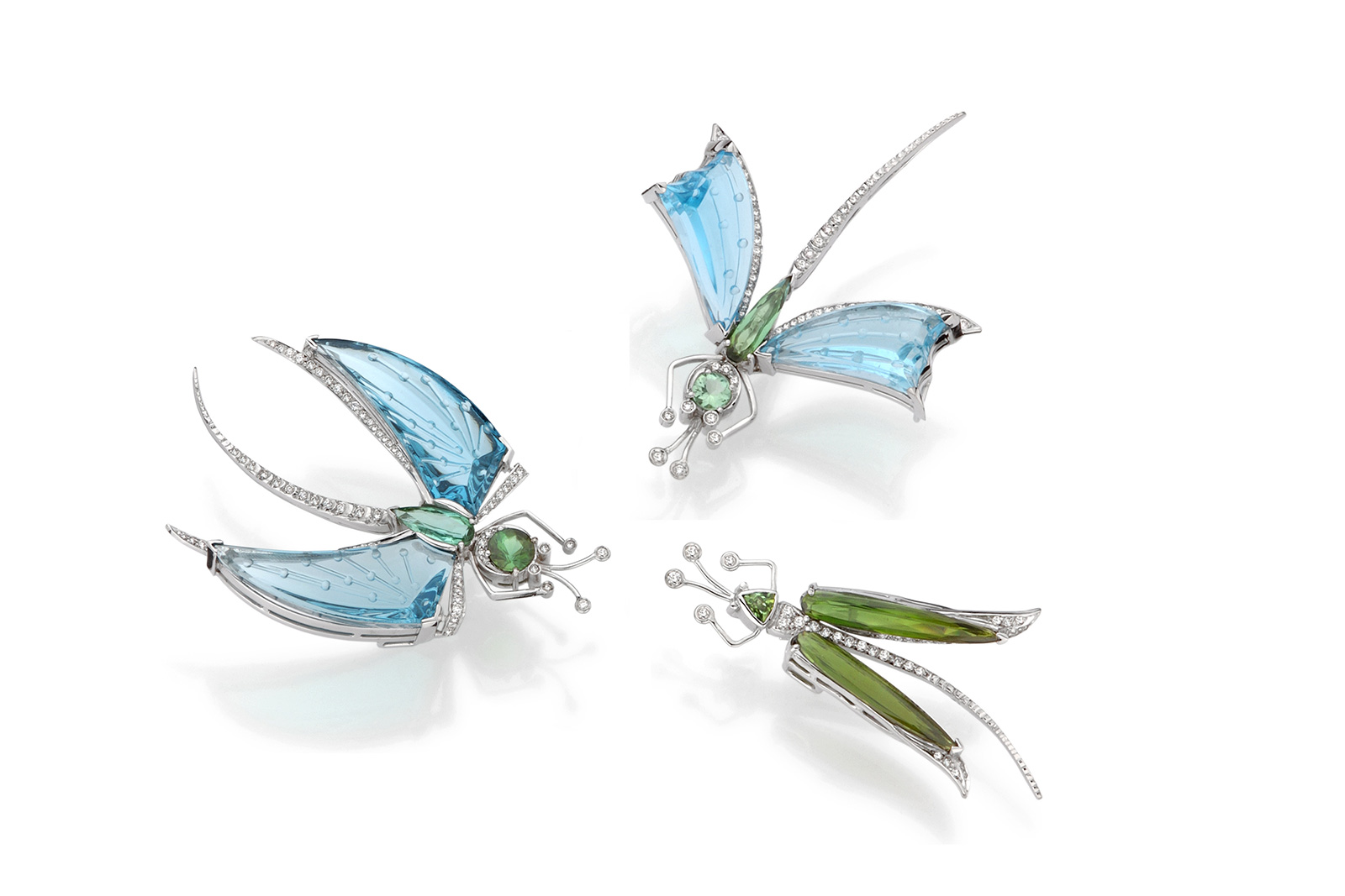 Ruth Grieco brooches with tourmalines, blue topaz and diamond from Primavera collection 
