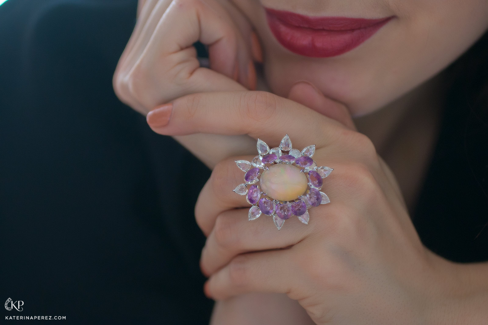  VAK Fine Jewellery opal ring with diamonds and purple sapphires