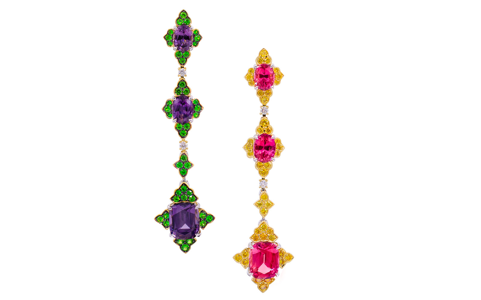 Alessio Boschi Peacock Dance earrings with spinels, tsavorites, yellow diamonds and pink sapphires
