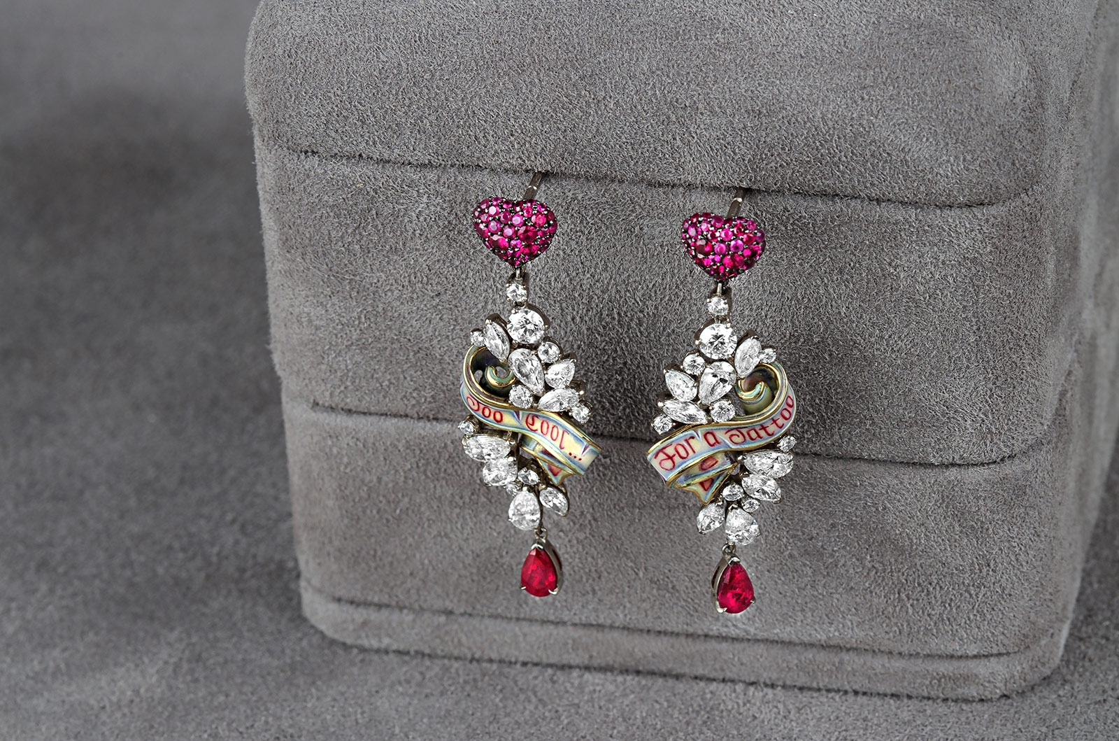  Liza Borzaya 'Rebel' enamel, diamond and ruby earrings
