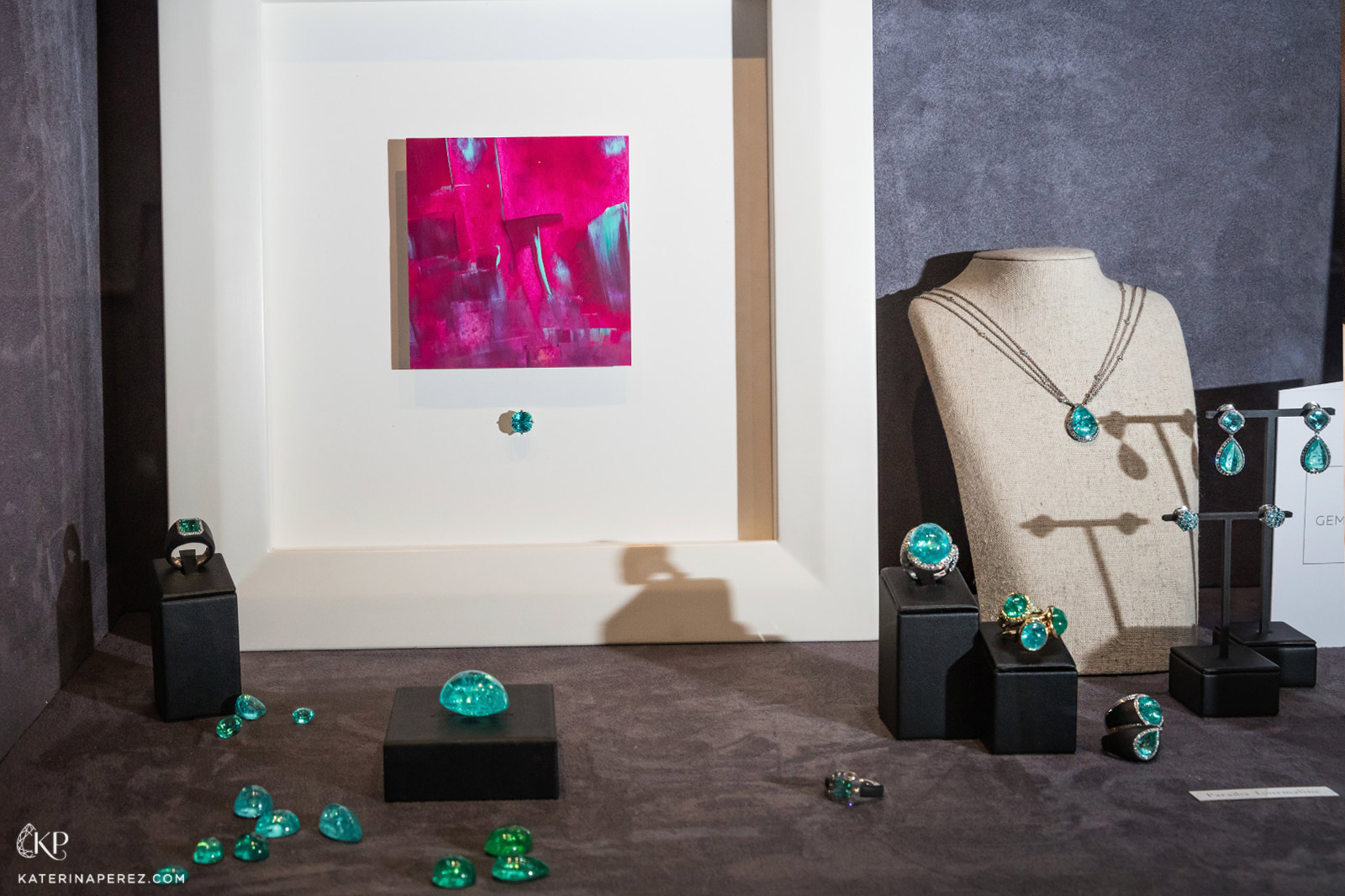 A selection of Doris Hangartner fine jewellery in Paraiba tourmaline, and gemstone inspired artwork 