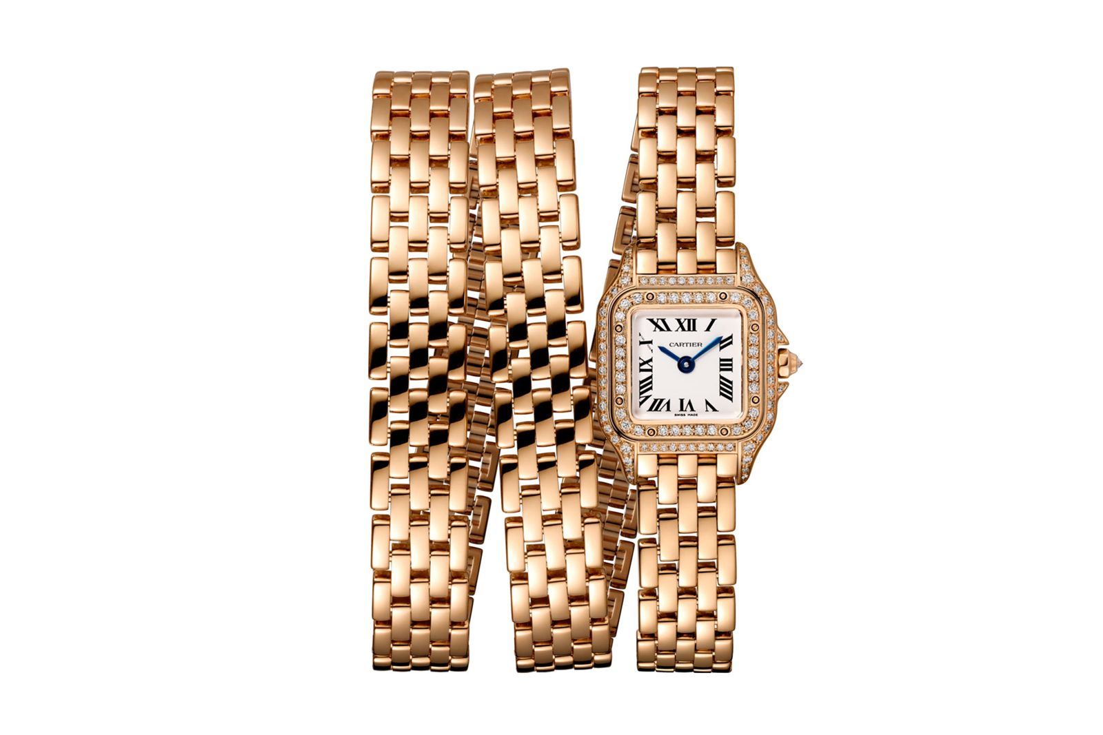  Cartier 'Panthère de Cartier' triple tour watch in rose gold with diamond bezel