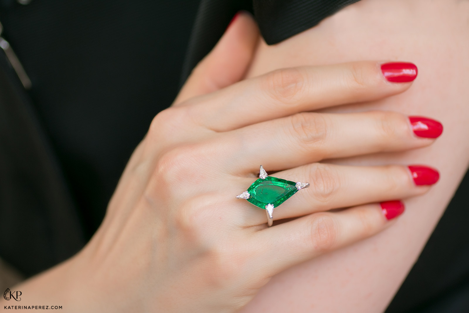  Royal Gems and Arts old mine kite shaped emerald set in a contemporary ring