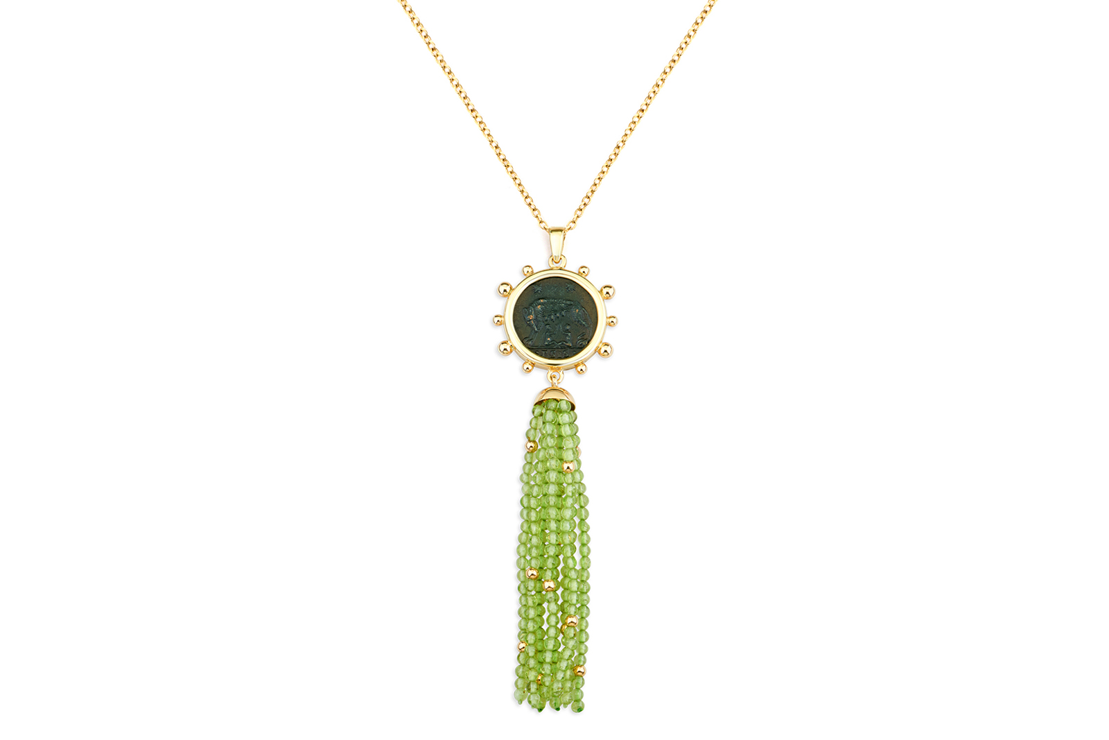  Dubini 'Capitoline-Wolf' pendant  necklace with Roman Imperial coin minted circa 330-335 A.D. set in 18k yellow gold with peridot and gold beaded tassel