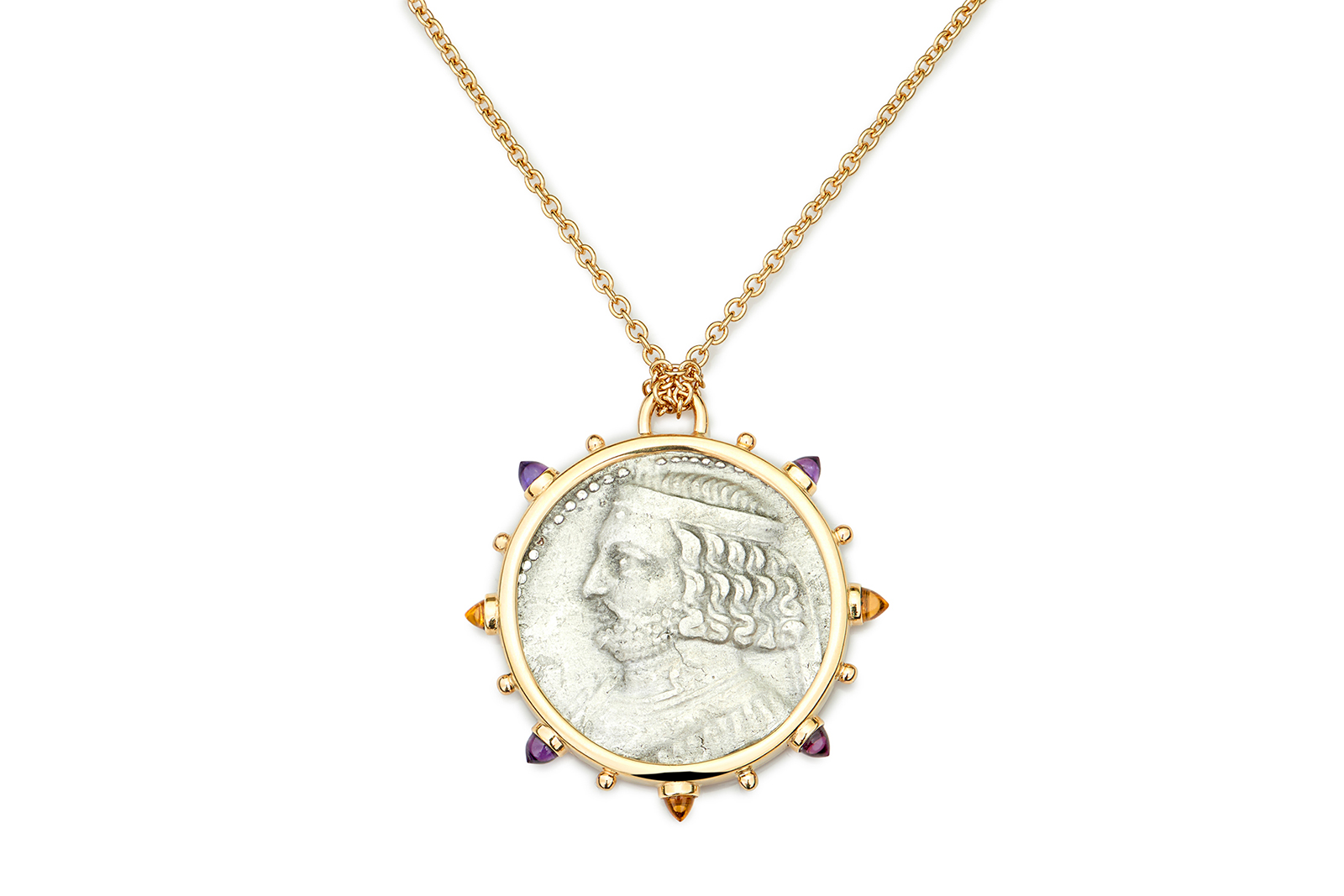 Dubini 'King of Parthia' medallion, Parthian coin from 57-38 B.C. set in 18k yellow gold with bullet amethyst and citrine cabochons
