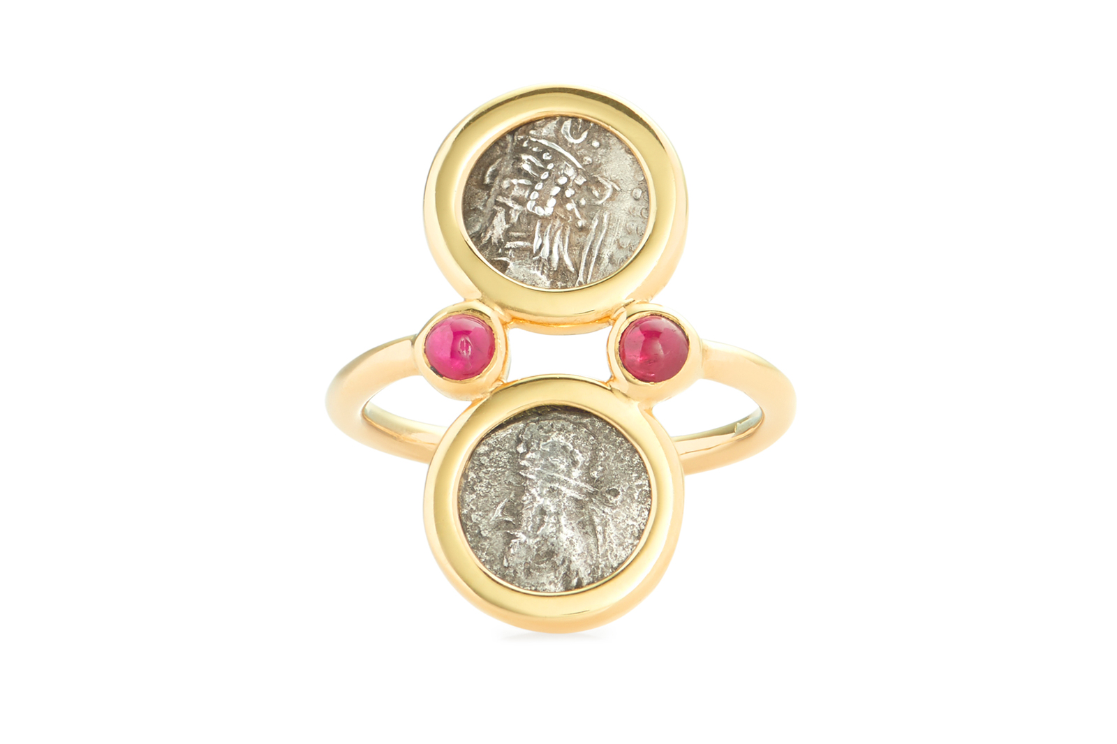  Dubini 'King of Persis' sheild ring, Persepolis coins minted circa 1st century B.C. set in 18k yellow gold with ruby cabochons