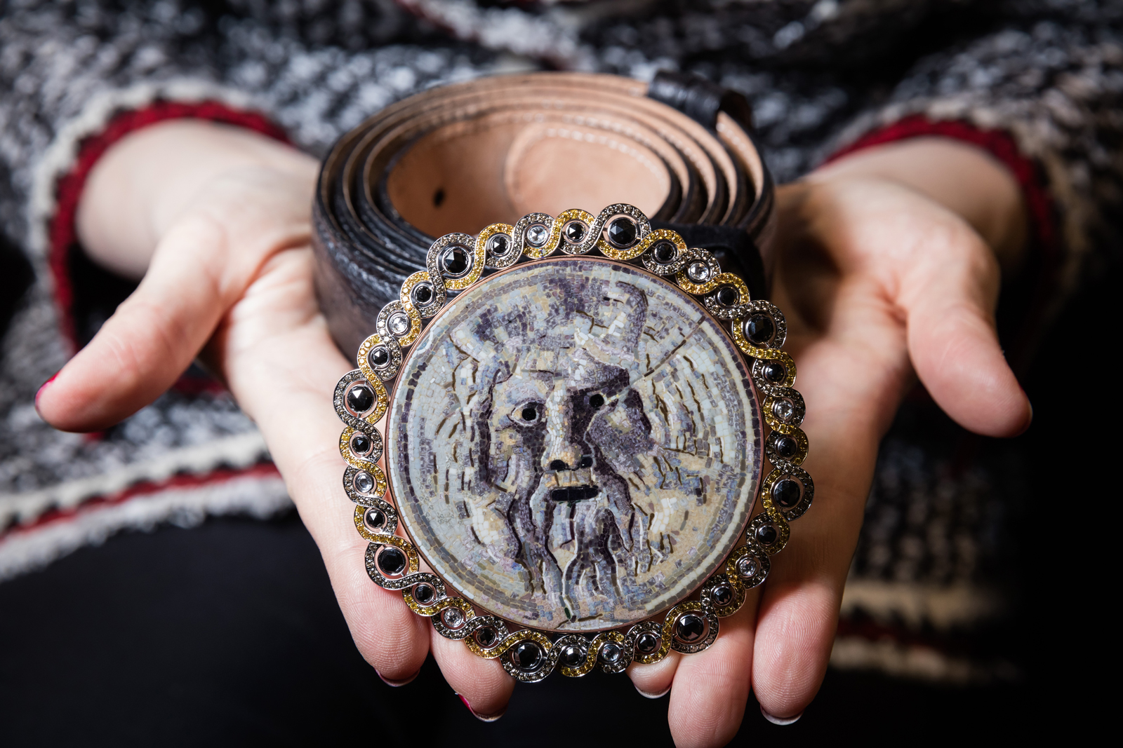 Alessio Boschi's micromosaic belt buckle from the 'Dandy' collection, accented with yellow gold, champagne and natural yellow diamonds, with black rose cut diamonds