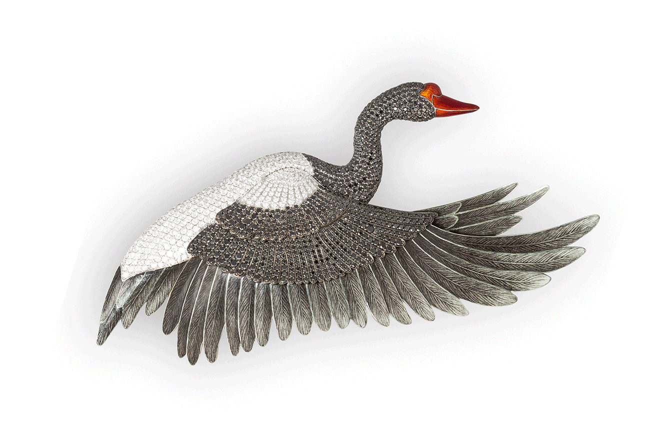  Ilgiz Fazulyanov swan brooch with black diamonds and hot renamel