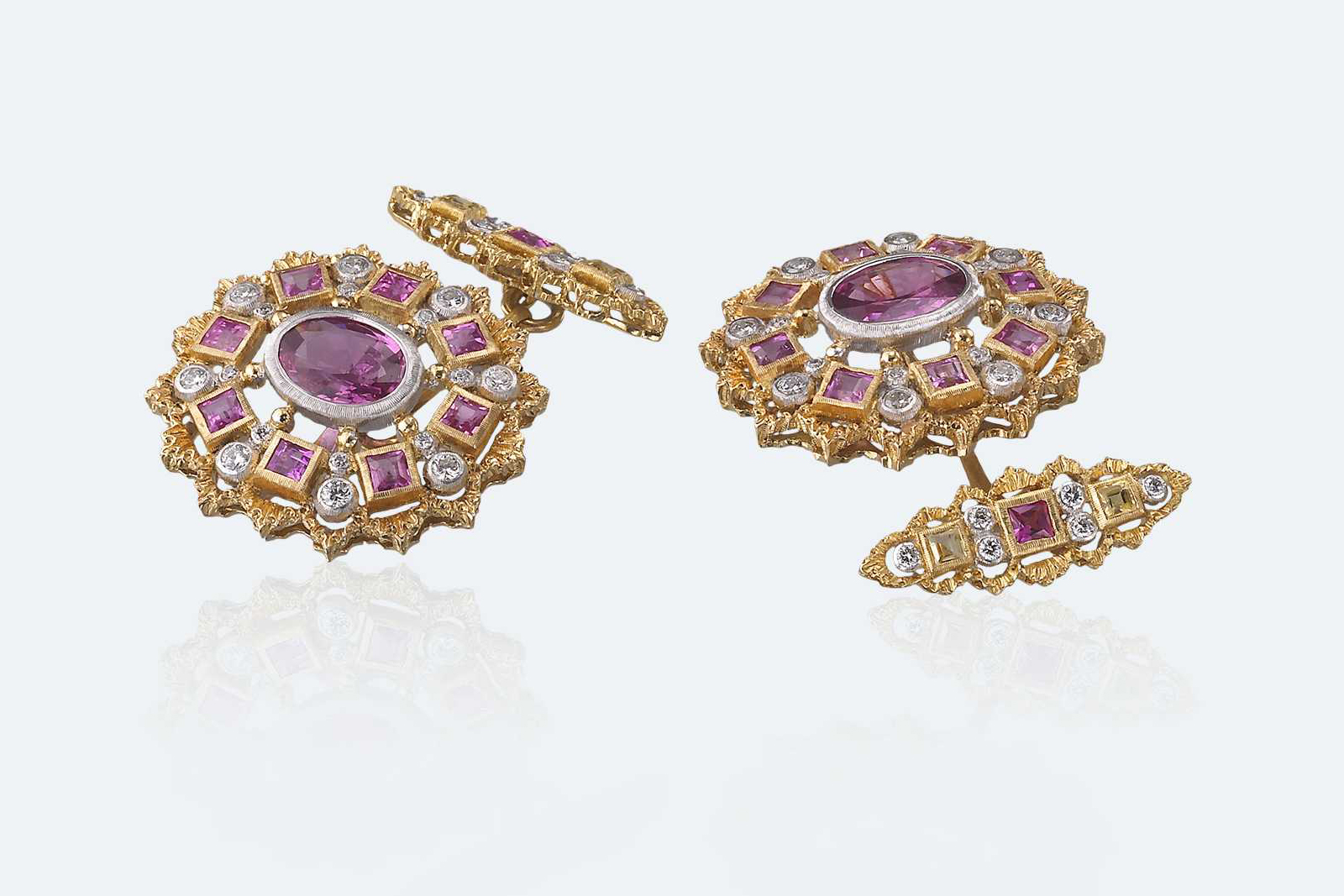  Buccellati cufflinks in yellow and white gold with pink sapphires, sapphires and diamonds