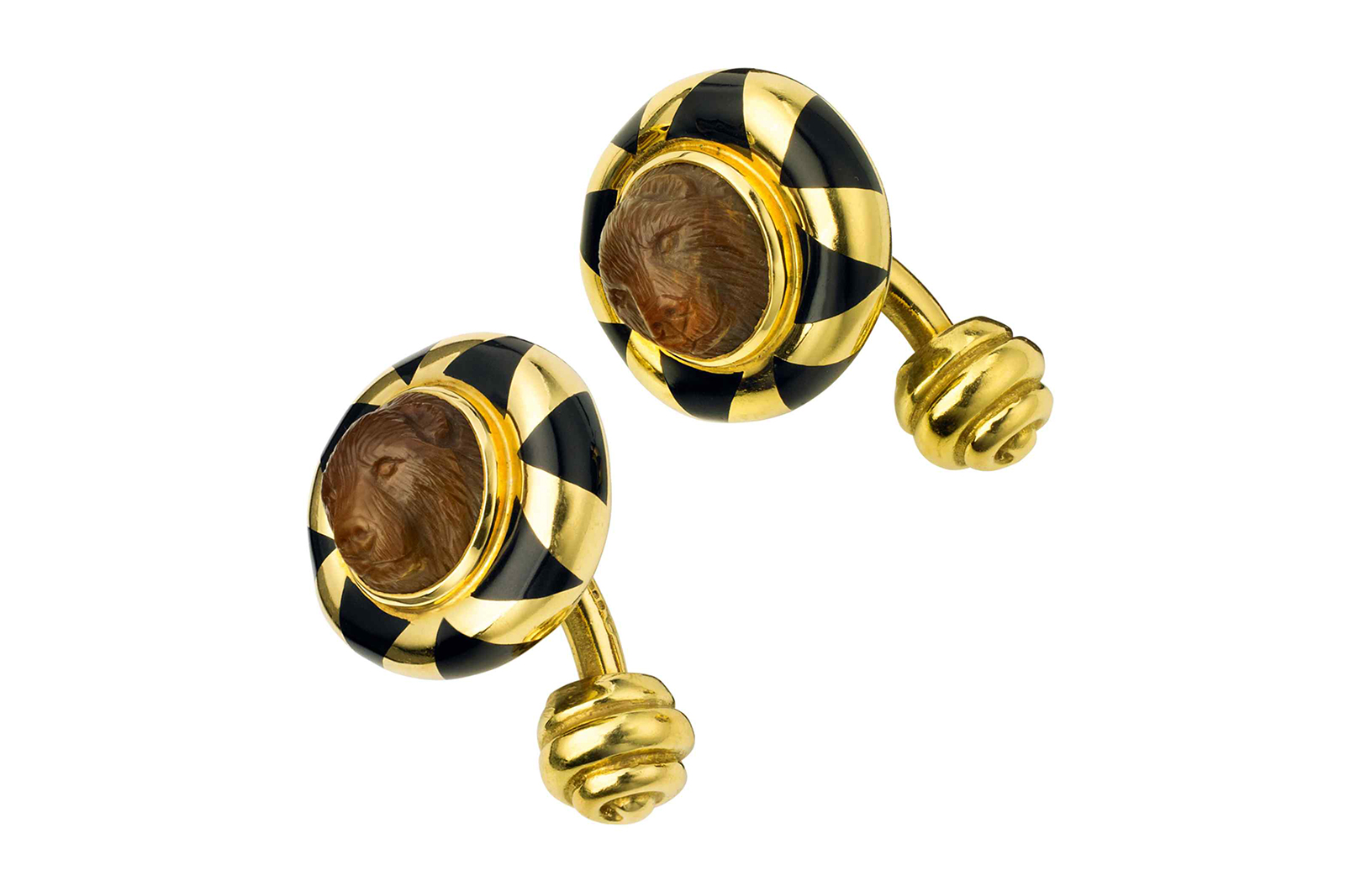  Elizabeth Gage cufflinks with bear's head petrified palm tree cameo and enamel