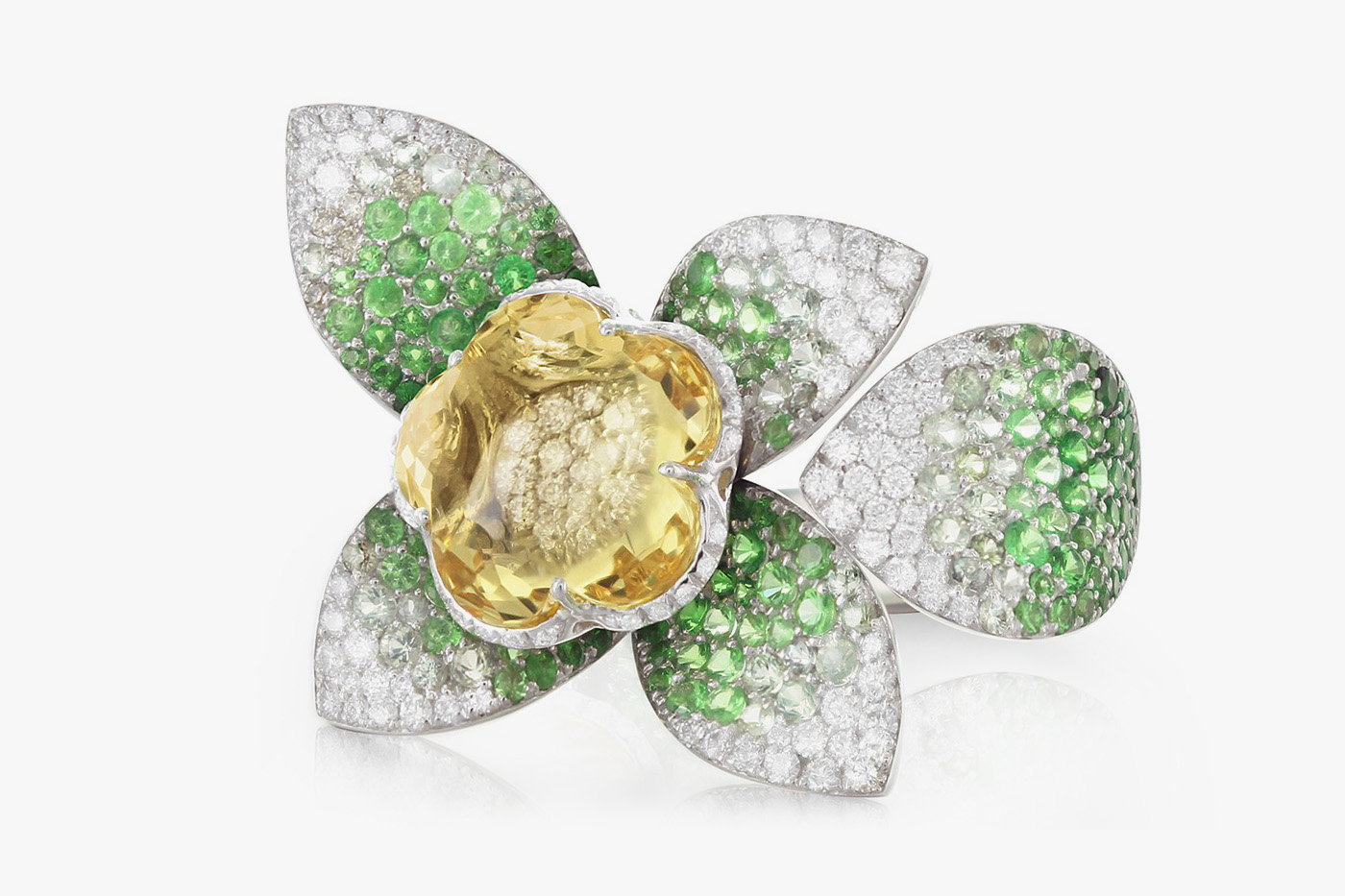 Pasquale Bruni 'Giardini Segreti' collection ring in white gold with heliodor flower, green sapphires, tsavorites, and diamonds