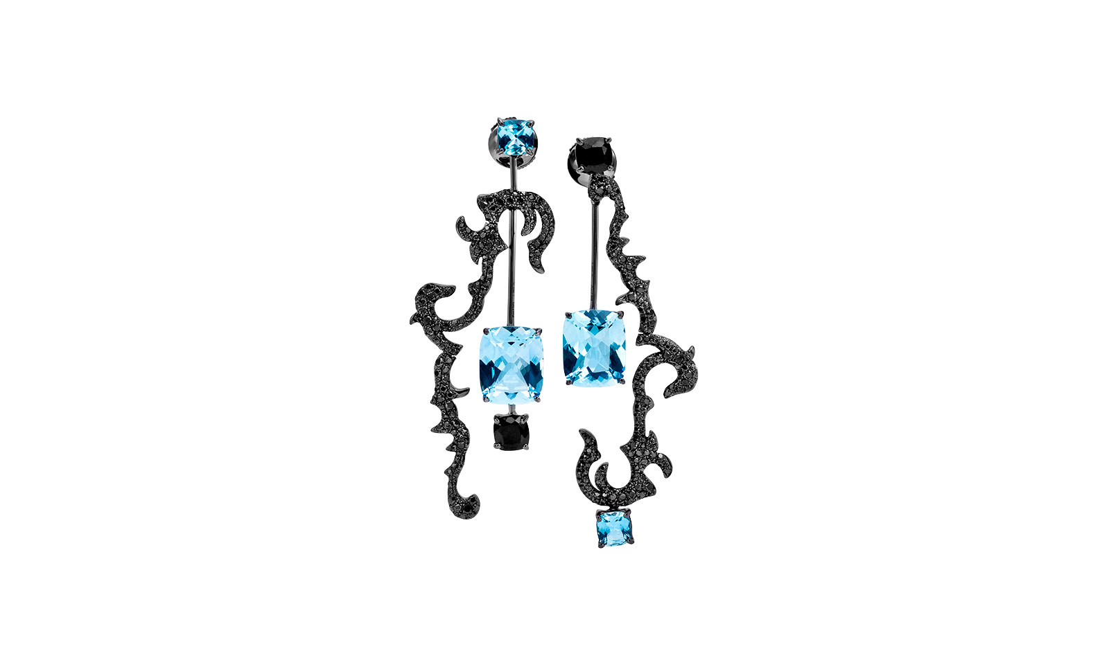  Chateau Euphorie 'Secret Garden' collection earrings in black gold, black diamonds, blue topaz and vesuvianites