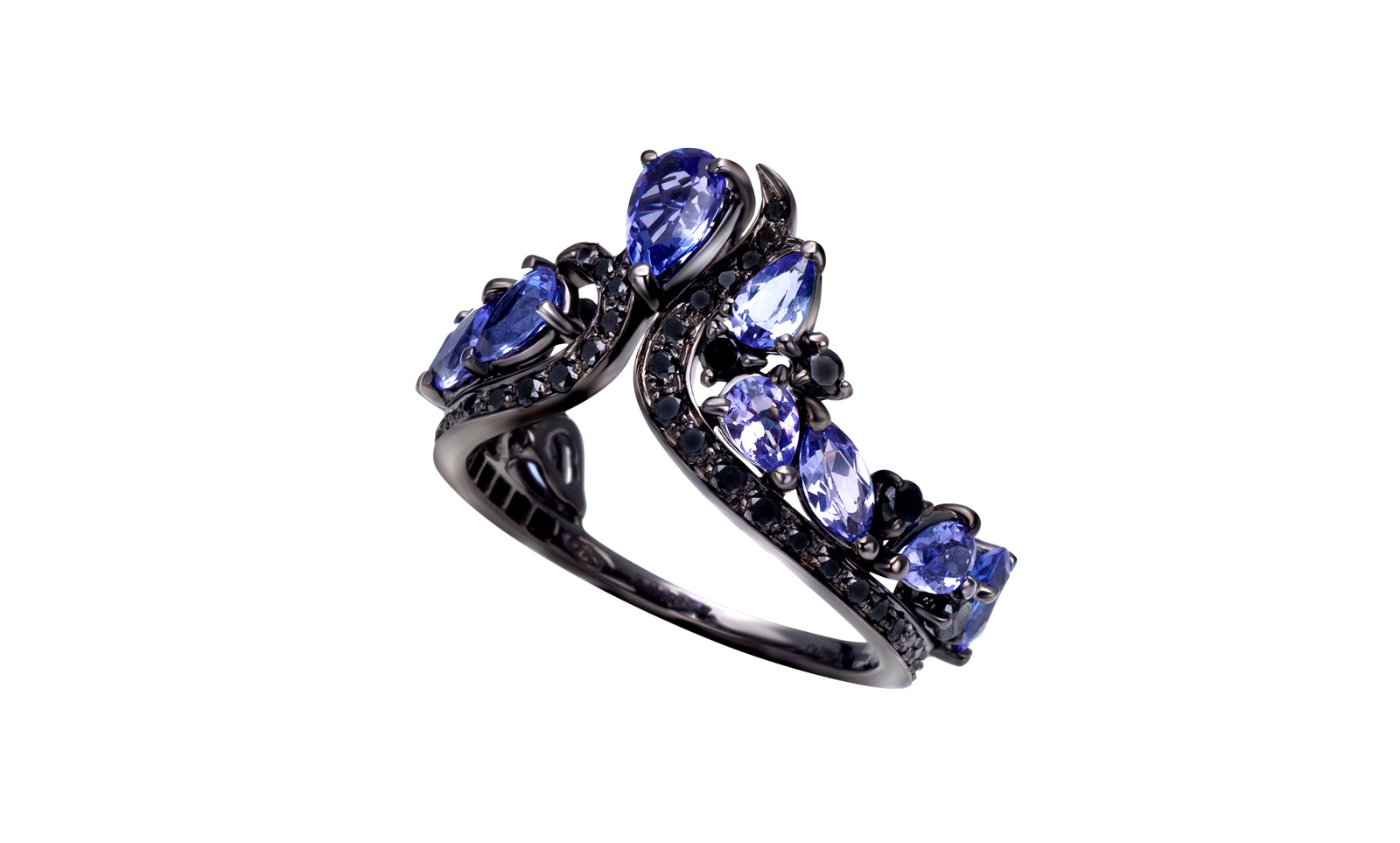  Chateau Euphorie 'Secret Garden' collection ring in black gold, black diamonds and tanzanites