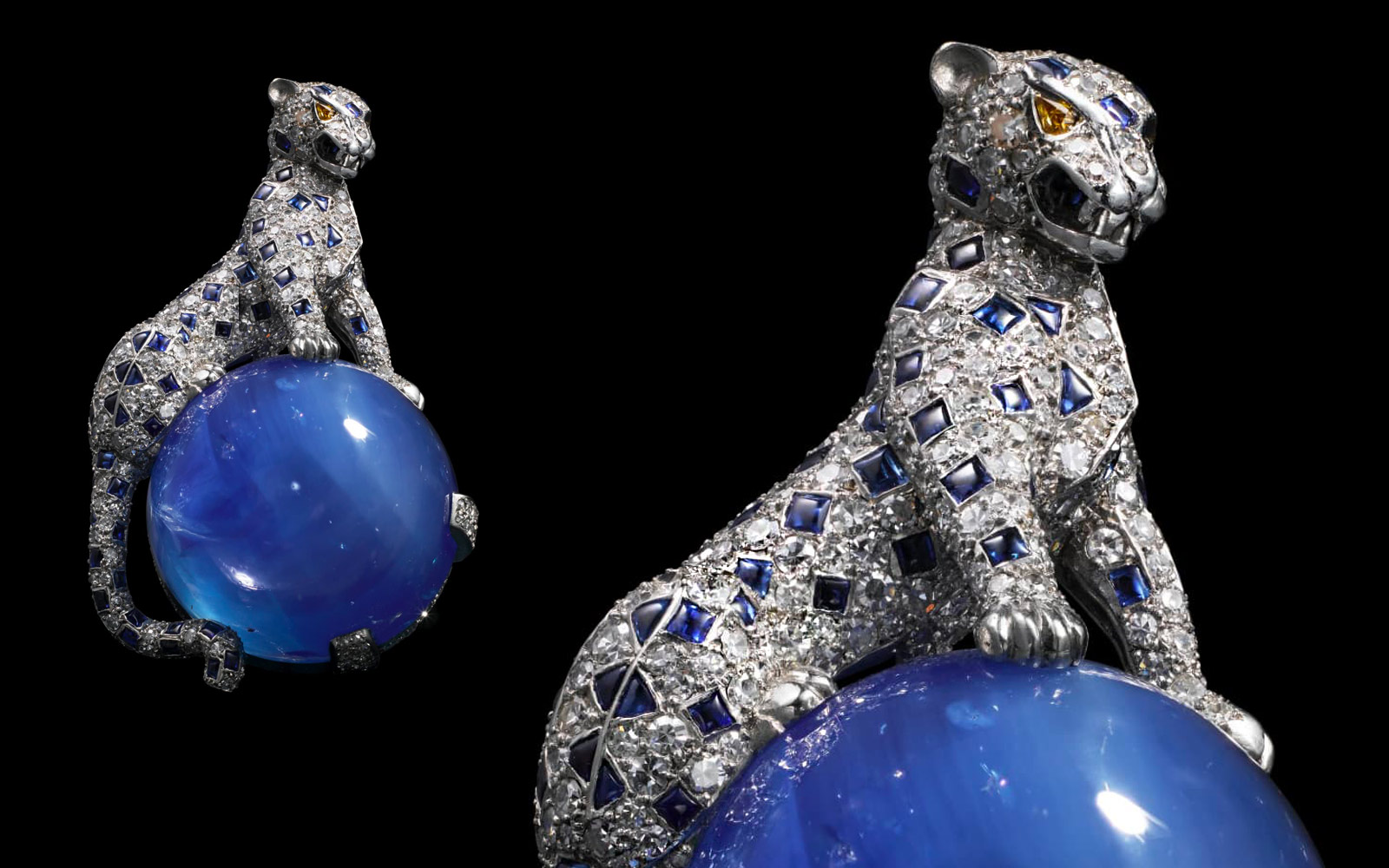  Cartier Panther brooch featuring 152.35 carat Kashmir sapphire cabochon, diamonds and sapphires