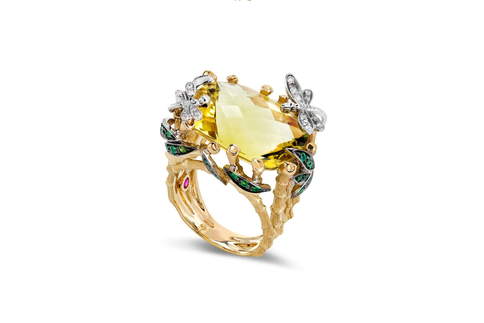  Roberto Coin 'Garden' collection ring in yellow quartz, tsavorites,  diamonds and yellow gold