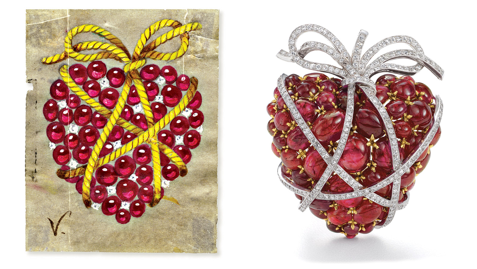 Рисунок броши Verdura ‘Wrapped Heart’ слева и сама брошь с рубинами и бриллиантами справа