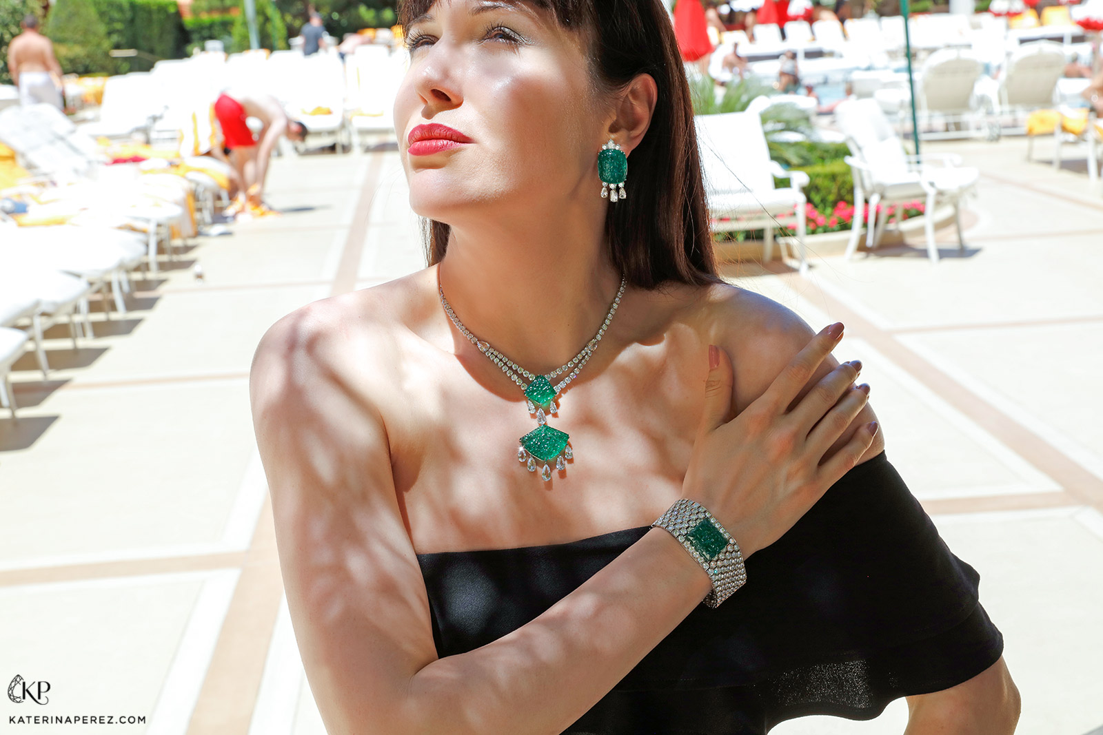  Bayco necklace, bracelet and ring with carved Zambian emeralds and diamonds