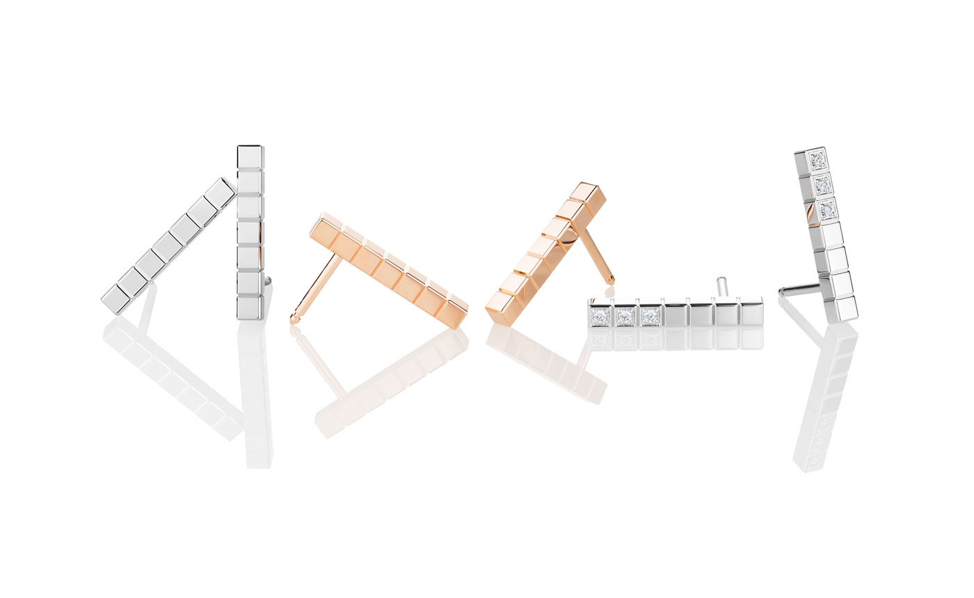  Chopard 'Ice Cube Pure' bar earrings in white and rose gold with diamonds